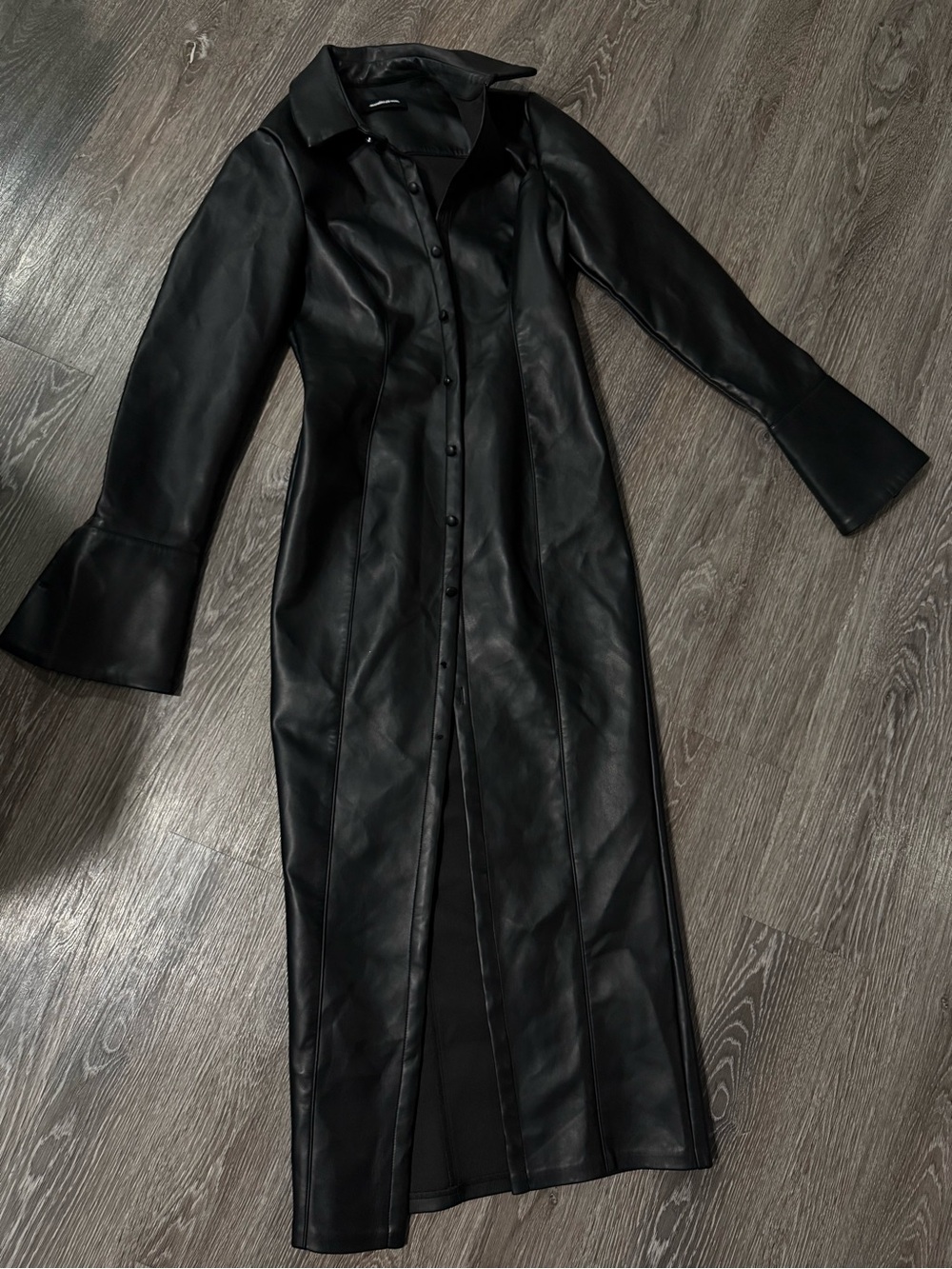 Maniere De Voir Black Faux Leather Midaxi Dress with Front Slit - Picture 7 of 9
